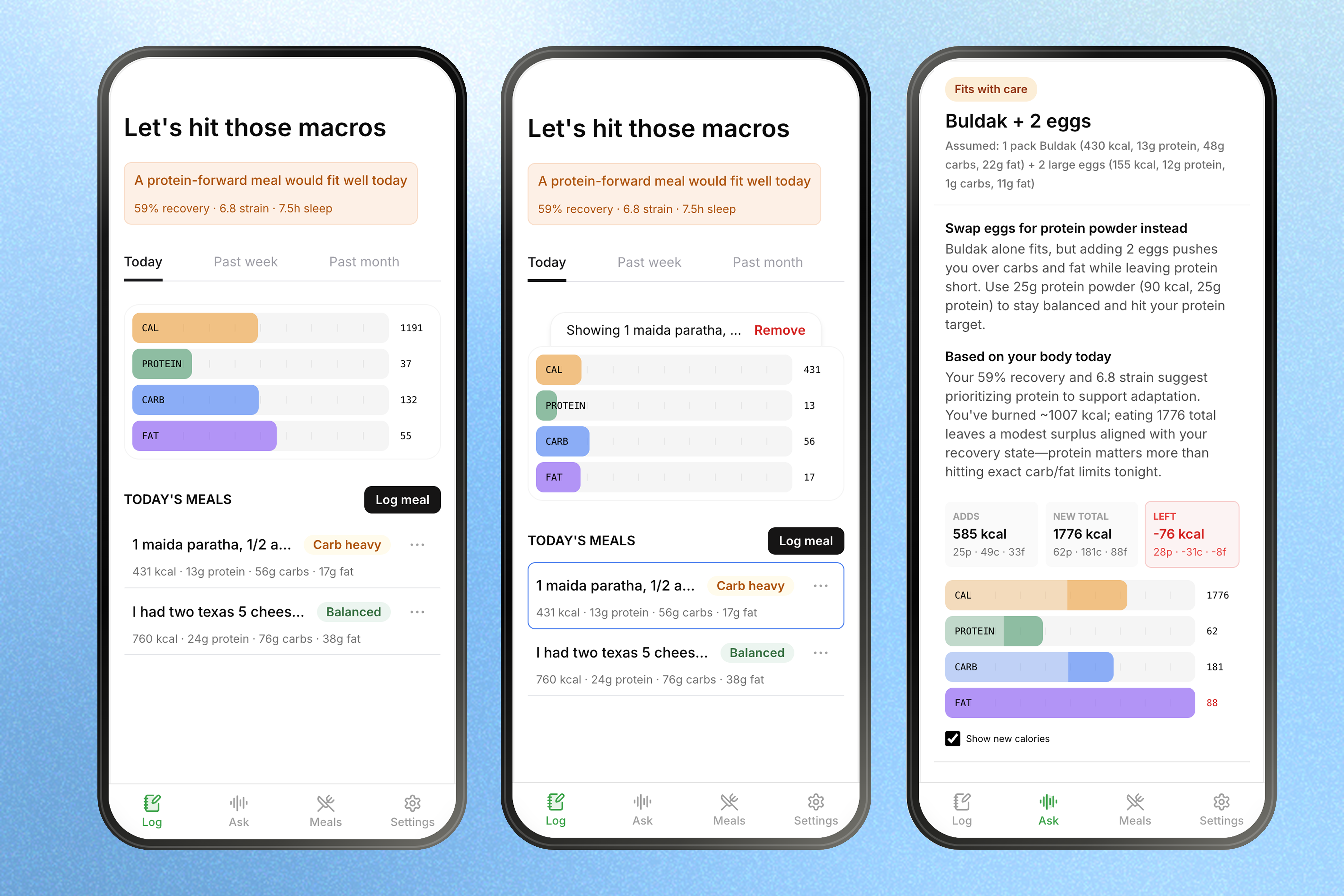 NutriCopilot app screens showing daily macros and an Ask response